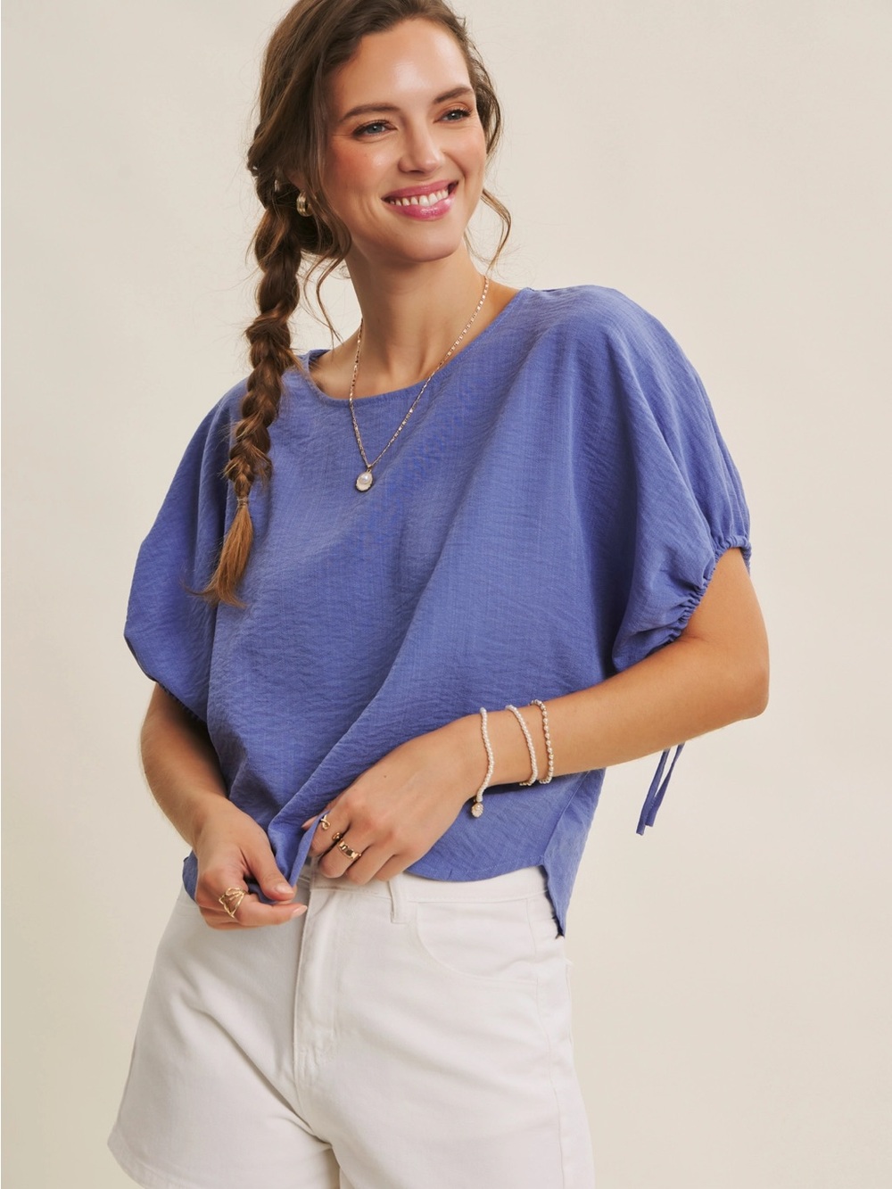 Vibrant Airy Crinkled Blouse with Ruched Dolman Sleeves Size Small
